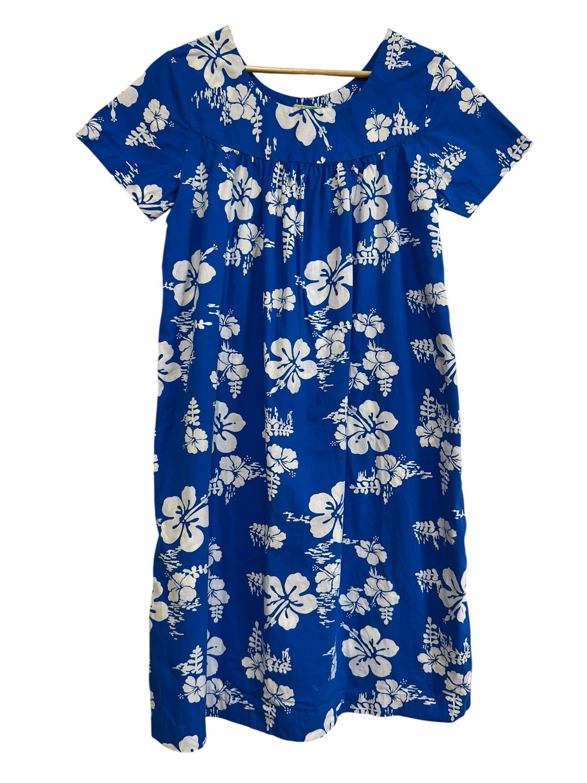 Vtg Ui-Maikai Traditional Hawaiian Muumuu Dress Blue White Hibiscus Size M/L