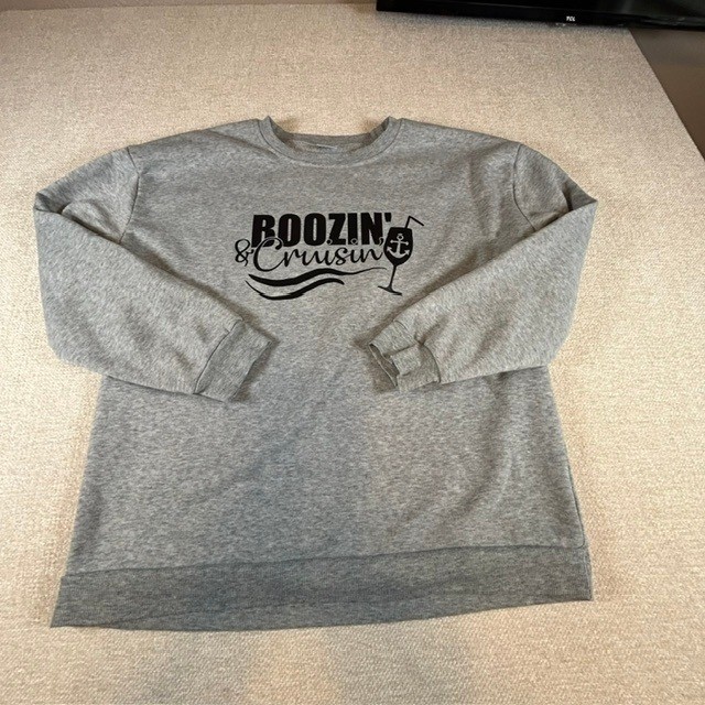 Boozin’ & Cruisin’ Heather Gray Pullover Crewneck Sweatshirt LG Cruise Vacation