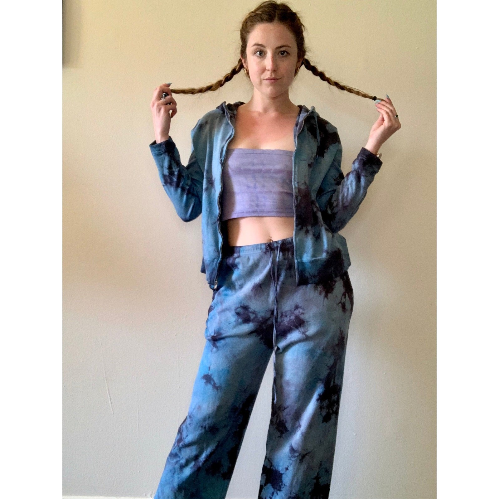 Hand Dyed Shibori Tie Dye Zip Up Hoodie & Jogger Sweatpants Set Blue Jones NY