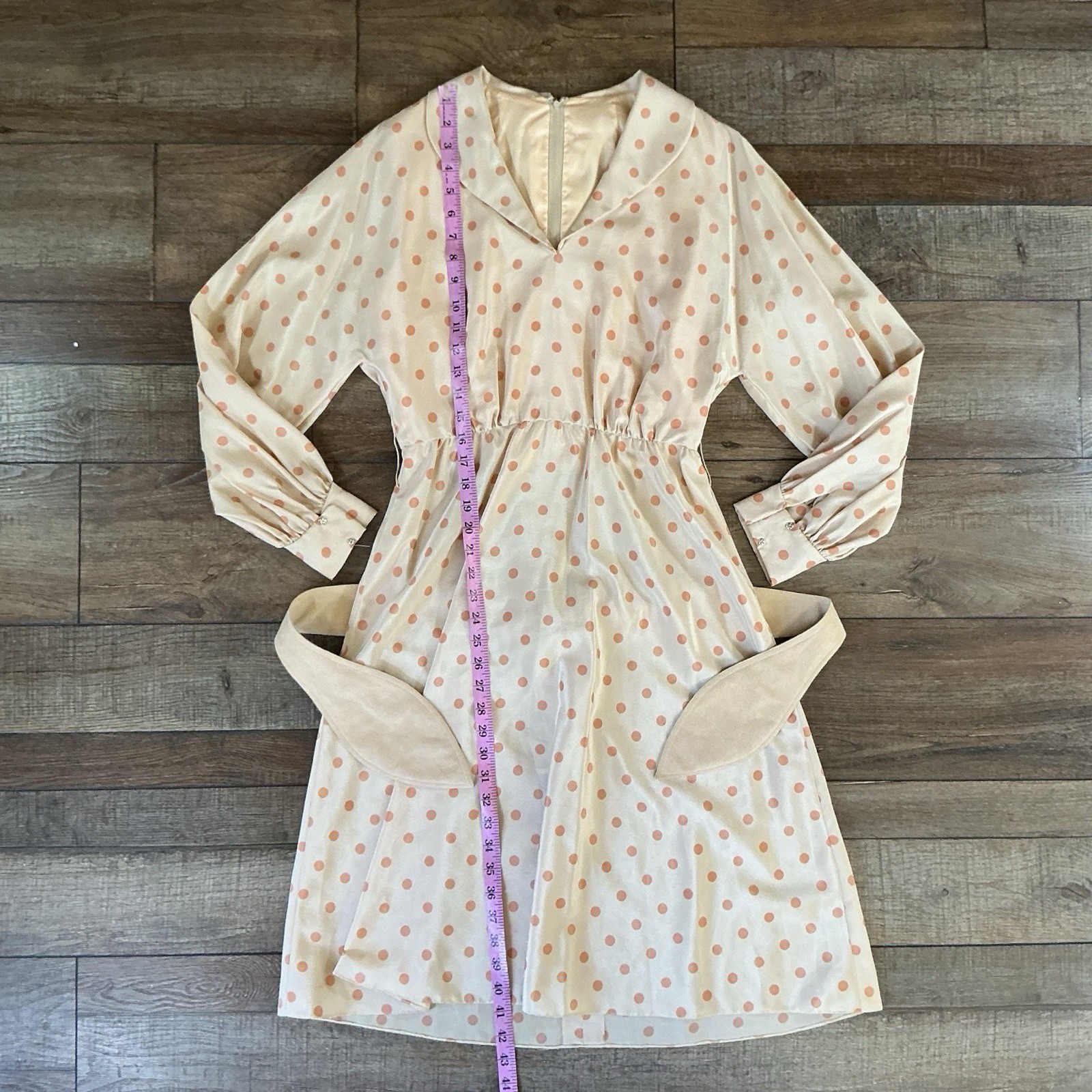 70s VTG Peach Polka Dot Belted Midi Dress Size M Blouson Sleeve Zip Back #1102