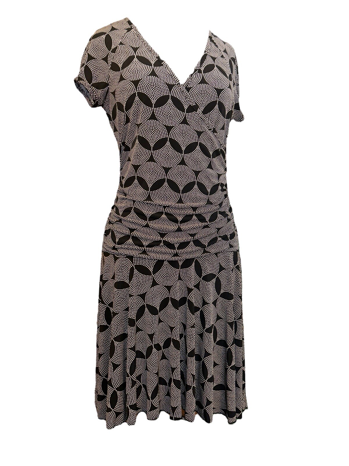 BCX V-Neck Cap Sleeve Ruching Bl/Wh Geo Print Short Faux Wrap Dress Women L VTG