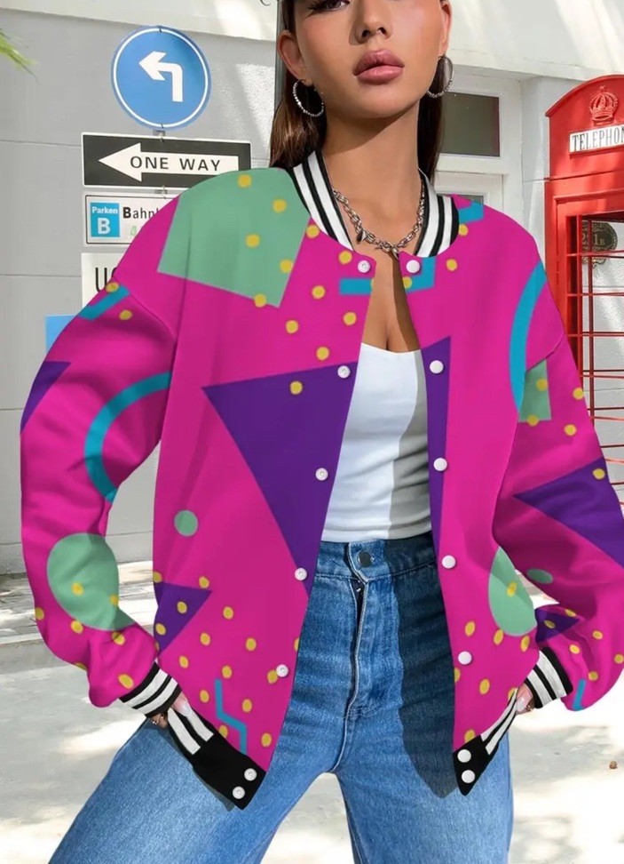 NWT Woman’s Pink Retro Baseball Jacket 80’s, 90’s Vibrant Colors Size Small