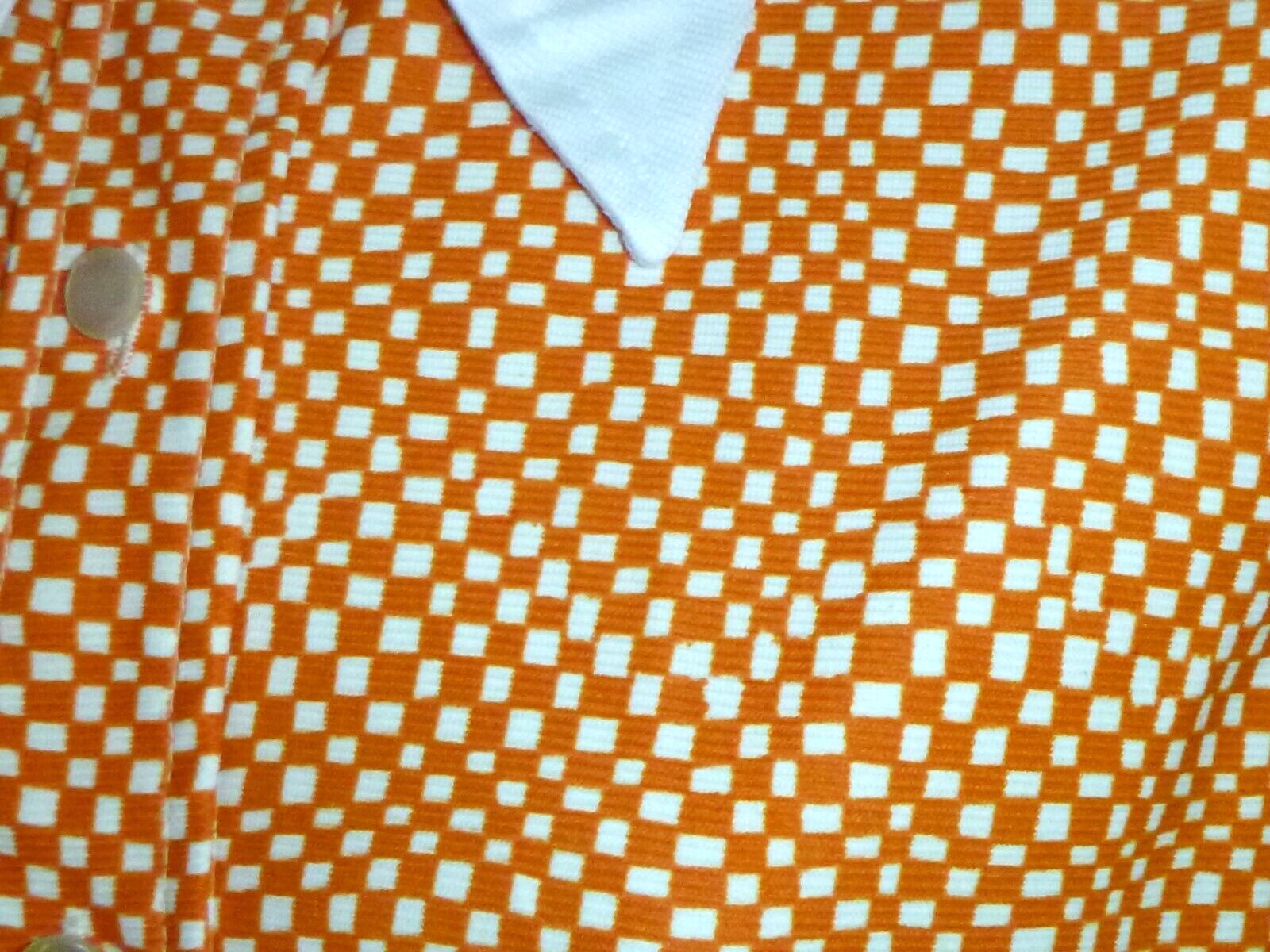 Vtg 70s GROOVY Op Art Poly Button Front Shirt Top Orange White Check Sz 38
