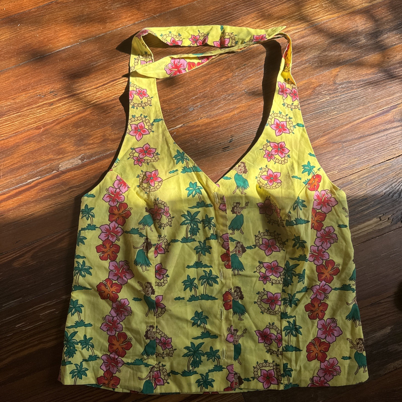 Vintage Hawaiian Original – Hilo Hattie – Halter Top Hula Dancing Print Flowers