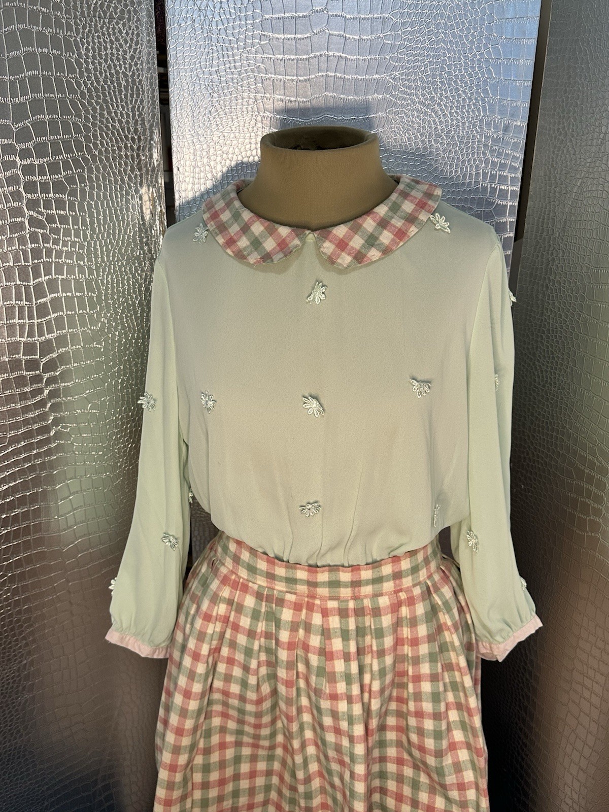 Vintage Mint Green Dress With Matching Red Green Beige Plaid Skirt