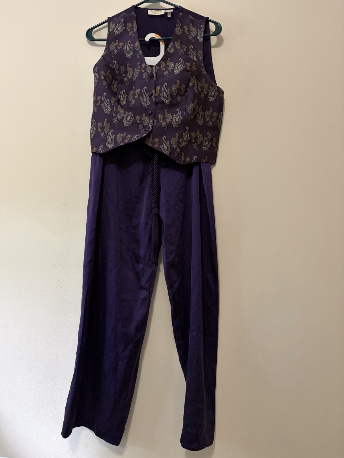 VTG Victoria Secret 100% Silk Paisley Vest Wide Leg Pants Loungewear Set Small