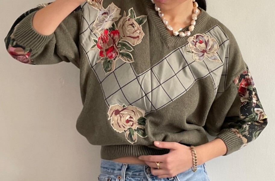 Vintage 80s 90s Batwing Applique Floral Sweater Cotton Ramie Neutral Size Large
