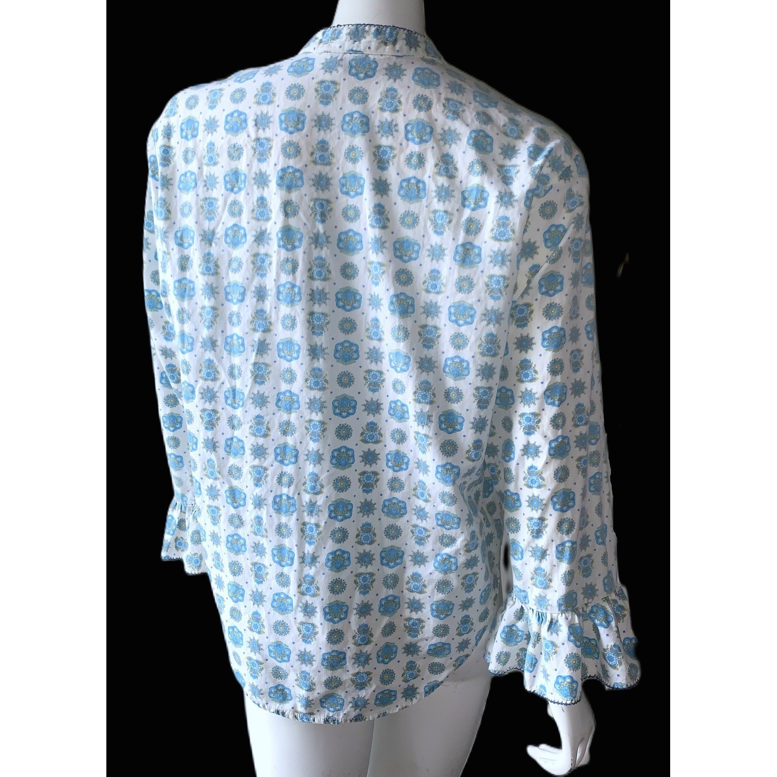 1950s-60s Retro Rockabilly Cotton Blouse Shaped Hem Picot Trim 3/4 Sleeve 37″B