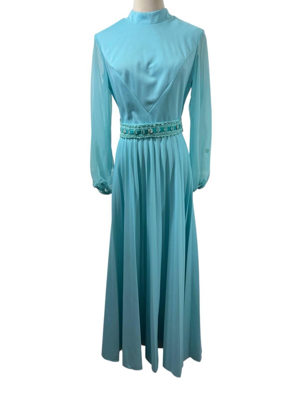 Vtg 70s Blue Maxi Dress Sheer Sleeves Velvet Floral Belt Boho Romantic Formal