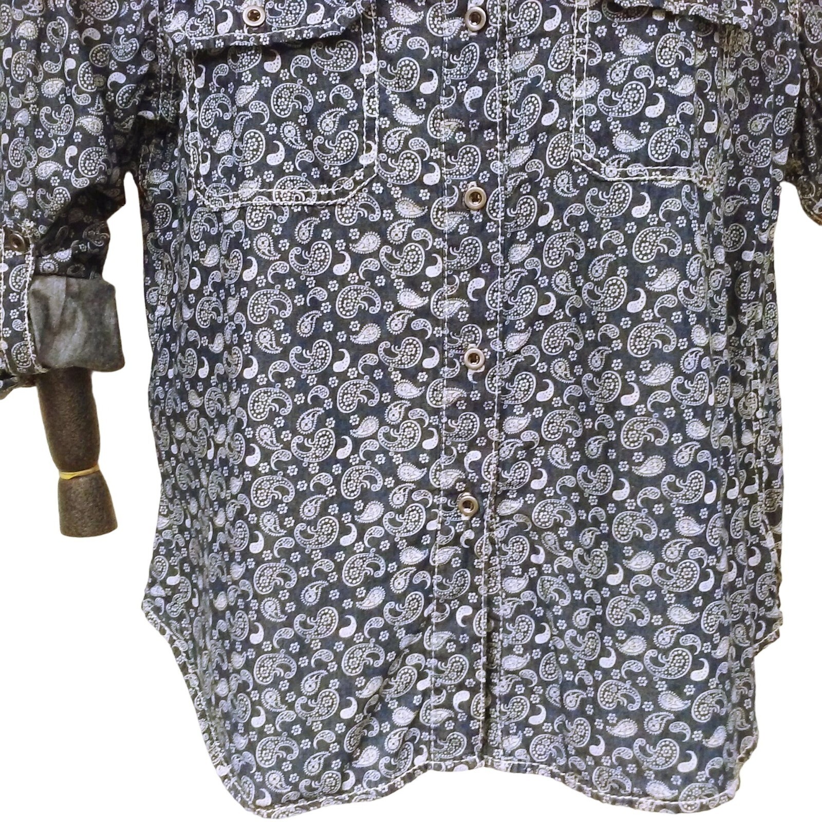 Seven7 Luxe Top Shirt Plus(18/20) Paisley Chambray Cotton Pockets Button-up Navy