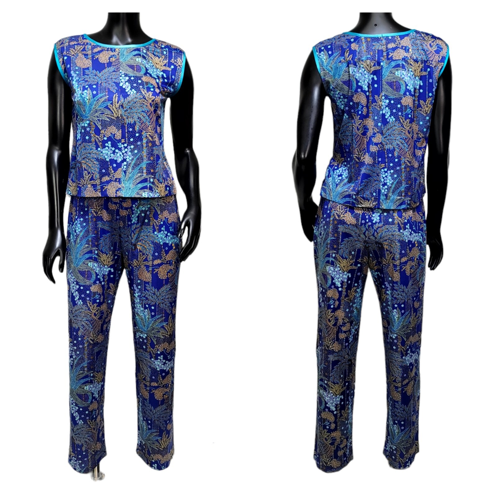 Vintage 70s Blue Tropical Print Pant Set Womens M Lounge Resort Mod 2 Piece USA