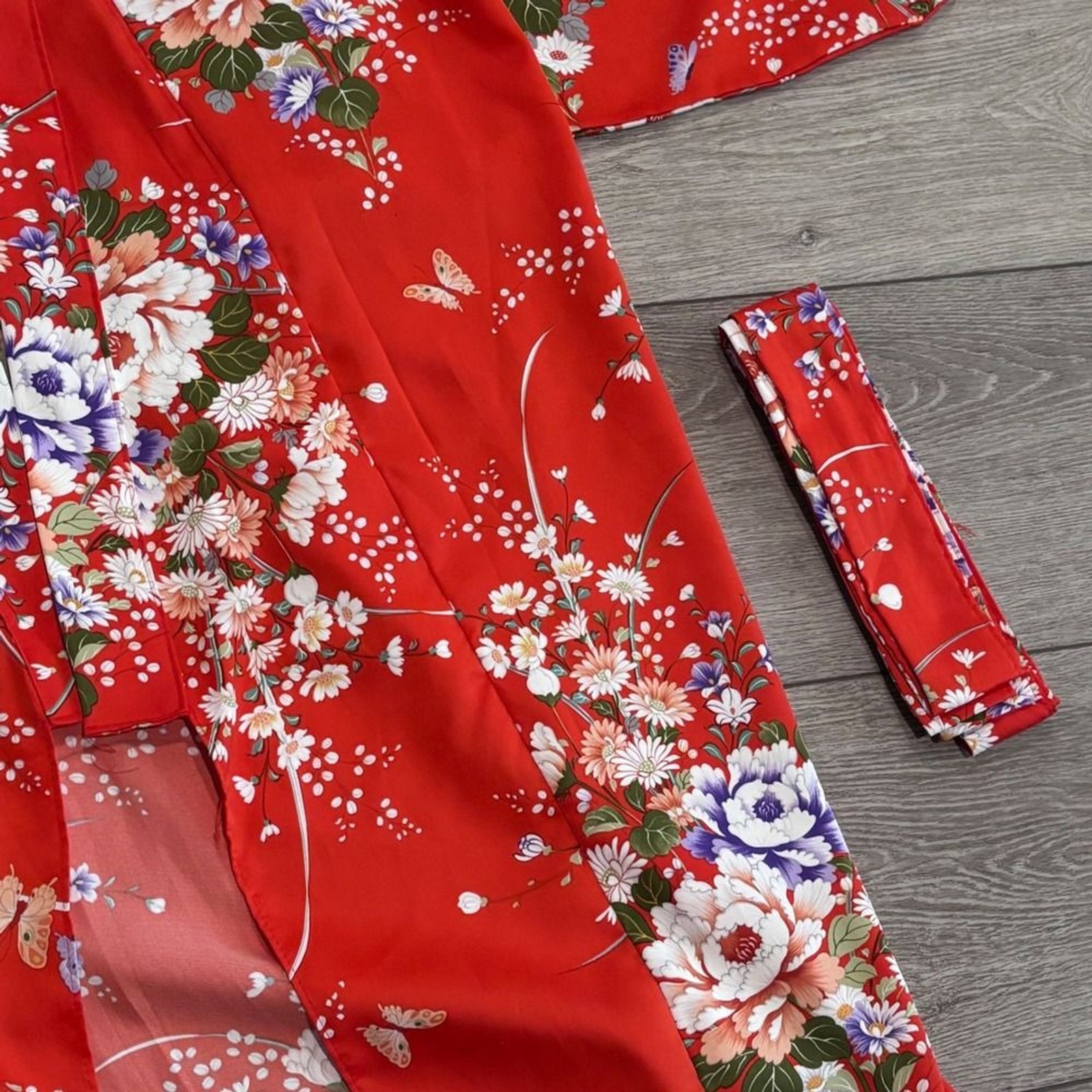 Vintage Made in Japan Red Floral Kimono Robe Butterfly Peony Long Dressing Gown
