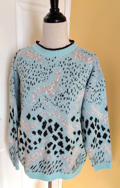 ARIELLE Aqua Blue/Black/White Leaping Animals Vintage 1980s Knit Sweater (M/L)