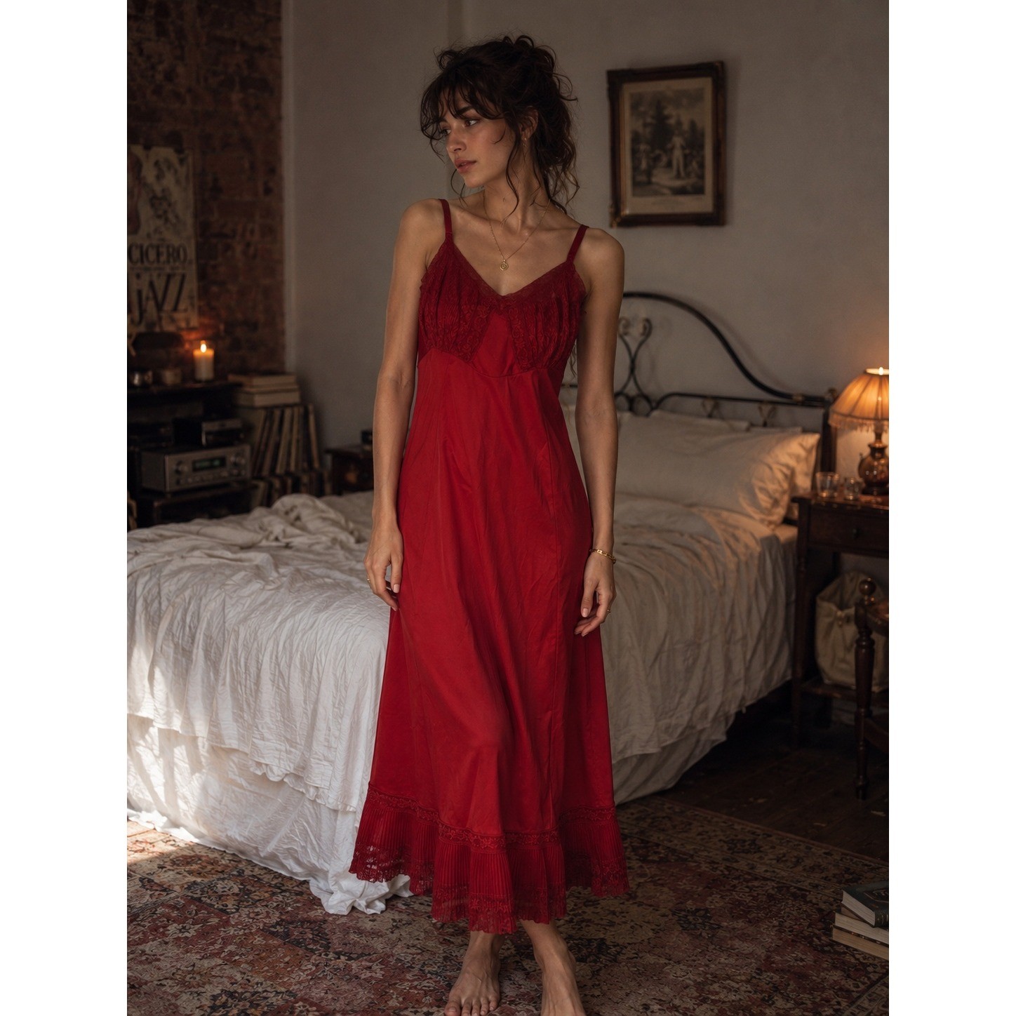 Vintage 60s 36 M Full Slip Dress Red Lace Nylon Chiffon Chic Lingerie Co USA