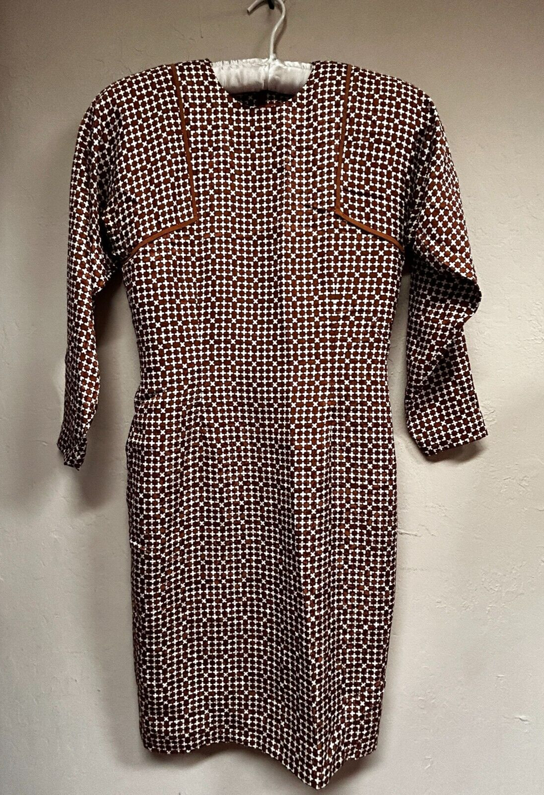 Vintage Julie Francis Brown Geometric Print Silk Shift Dress Sz 4 Dolman Sleeve