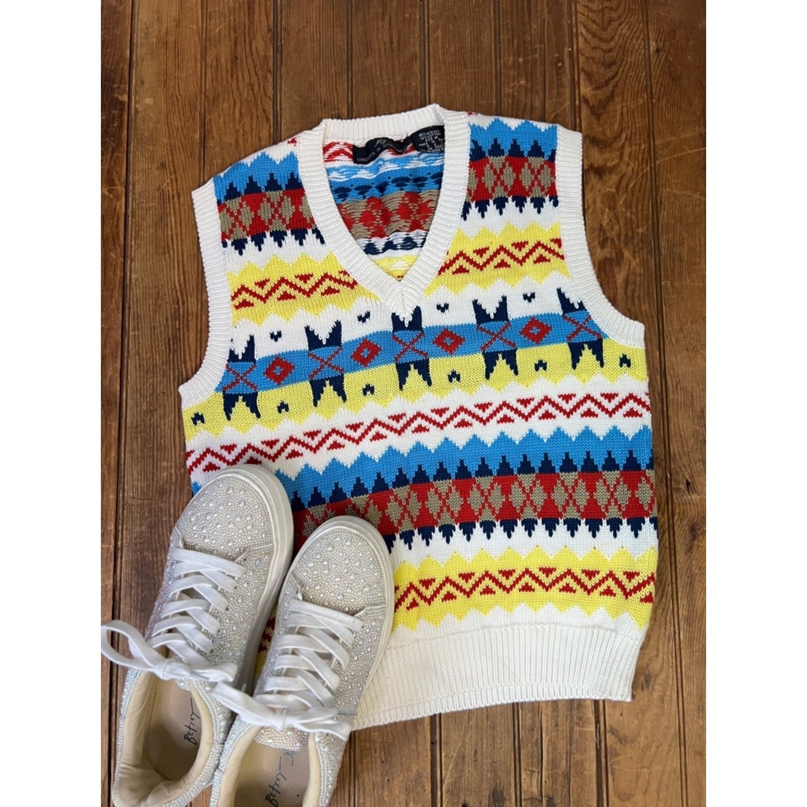 Vintage women’s colorful V-neck vest cotton acrylic