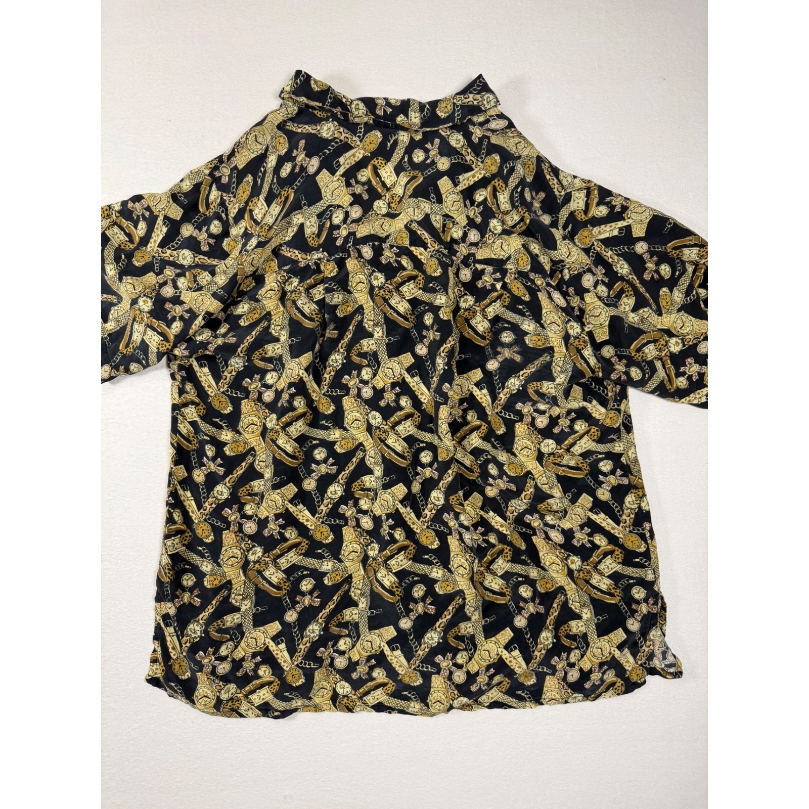 Natalie & Me Vintage 100% Silk Watch leopard Print Button Shirt Large Black 90s