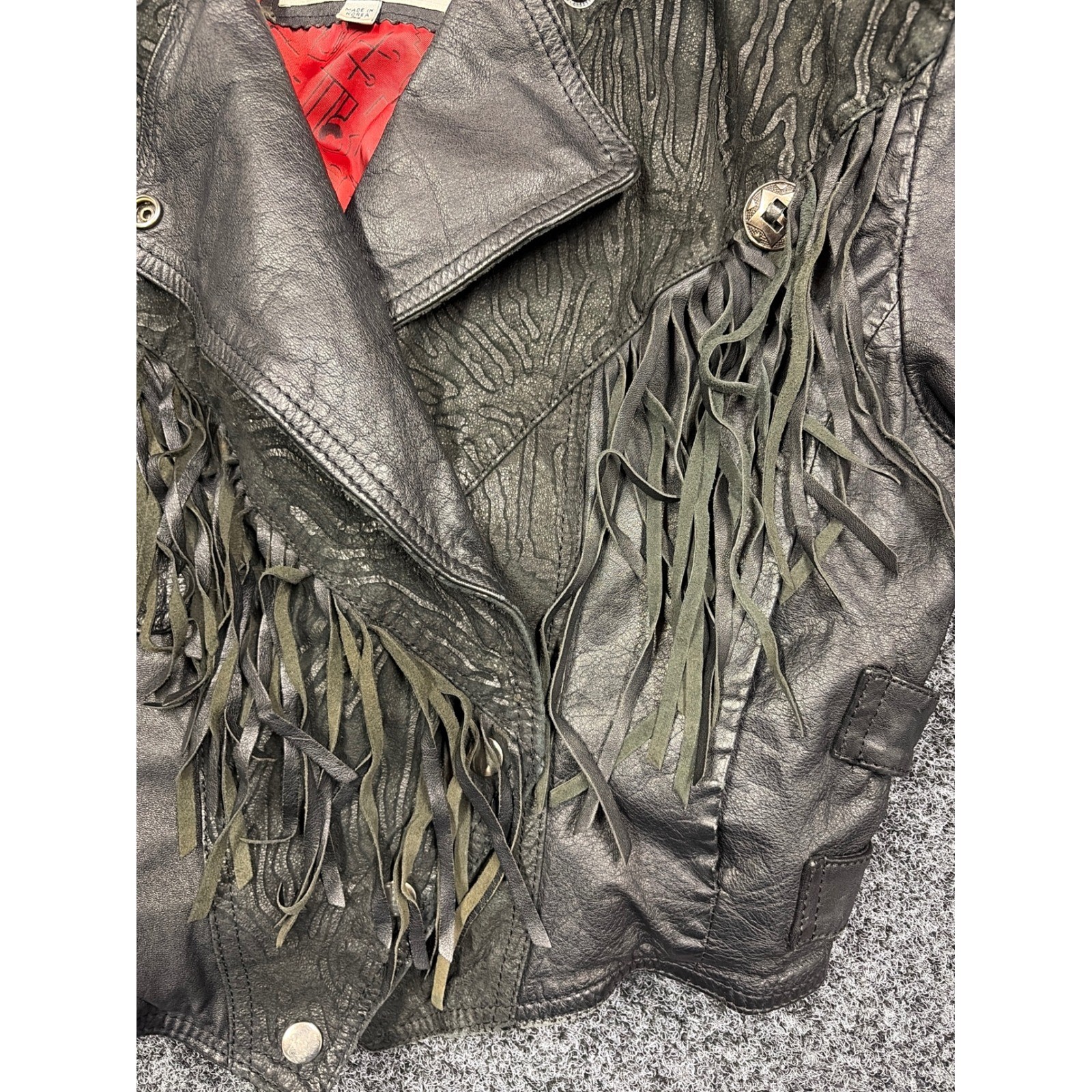 CHIA Leather Jacket Womens M Black Fringe Biker Moto Vintage 80s Cropped 6715