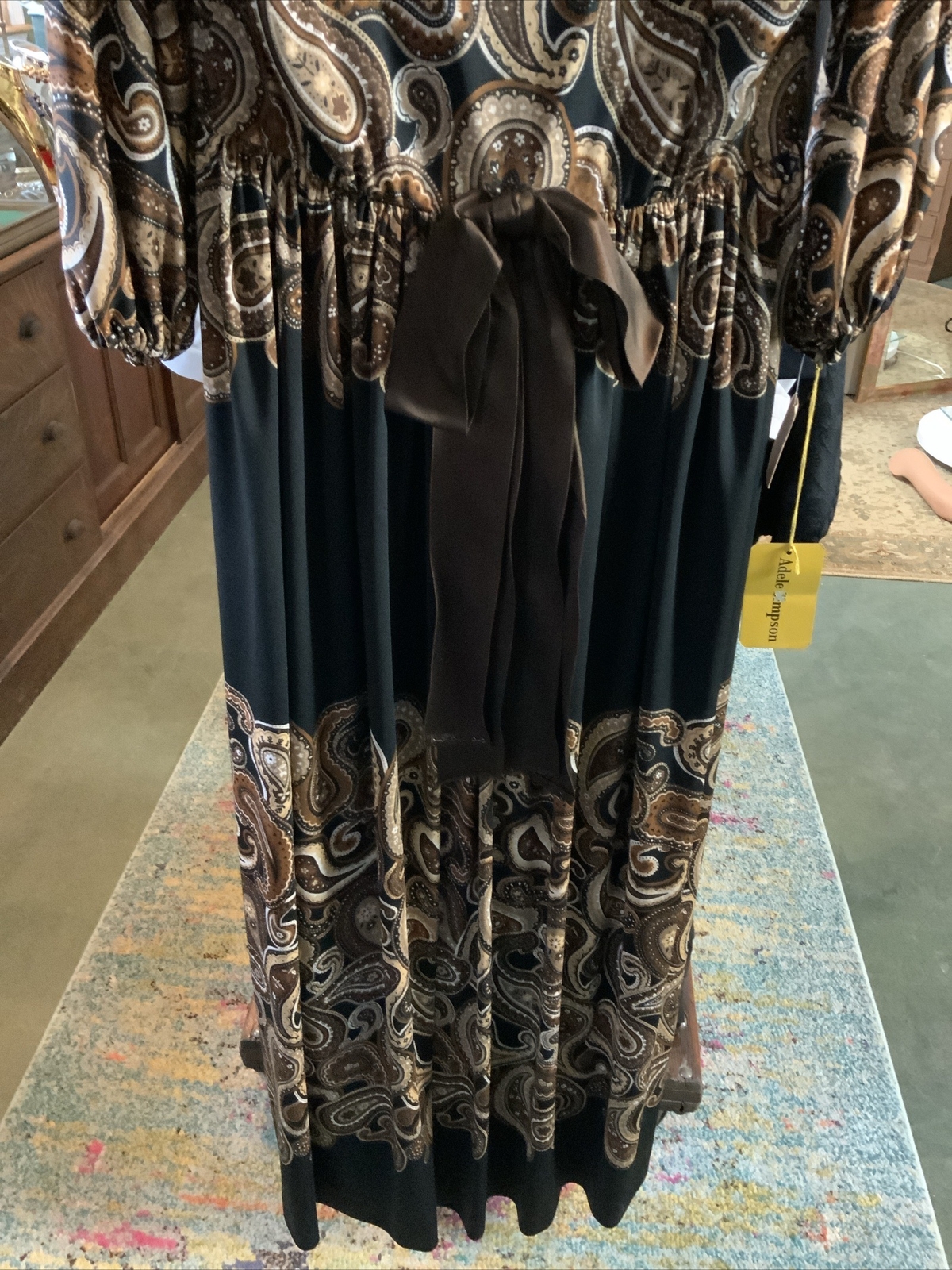BNOS 1970s ADELE SIMPSON Brown Black Paisley Maxi Full Length Gown Sz 12 Bust 38