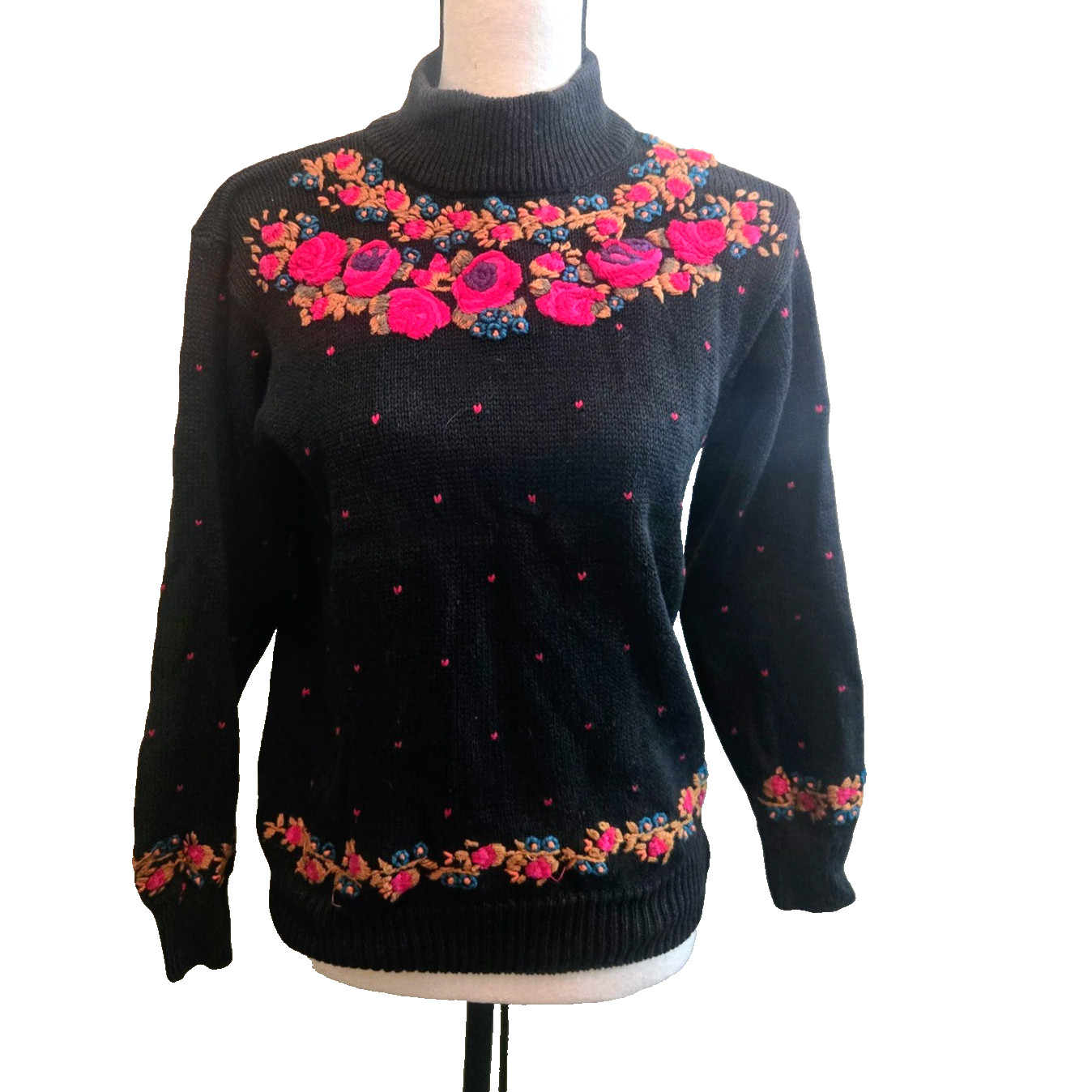 Vintage Work in Progress Gladys Bagley navy with flower embroidery sweater S