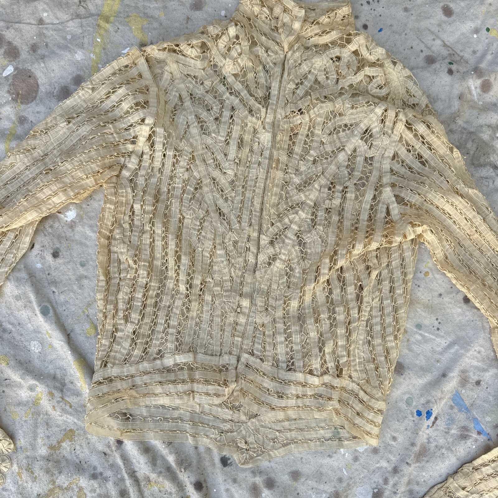 Antique Edwardian Ecru Handmade Tape Lace Leaves Dress Blouse Top Bodice Vintage
