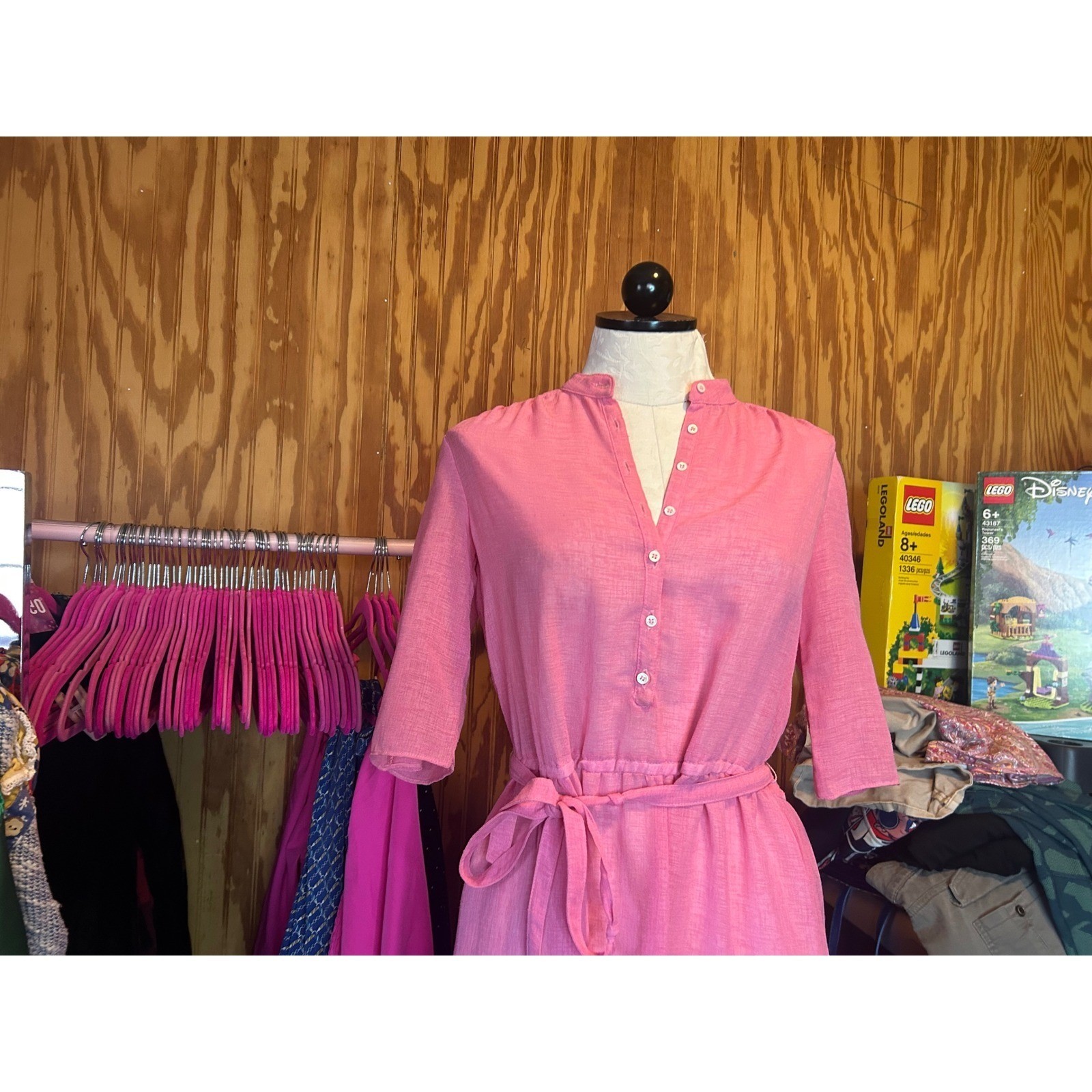 Vintage California Girl Pink Midi Shirt Dress Size 6 Linen Look Button Front Tie