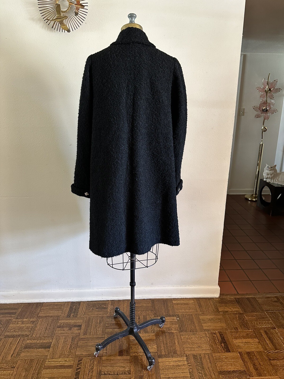 1940s Boucle Wool Swing Coat Holiday Shawl Collar Jacket Rhinestone Cuff 50s VTG