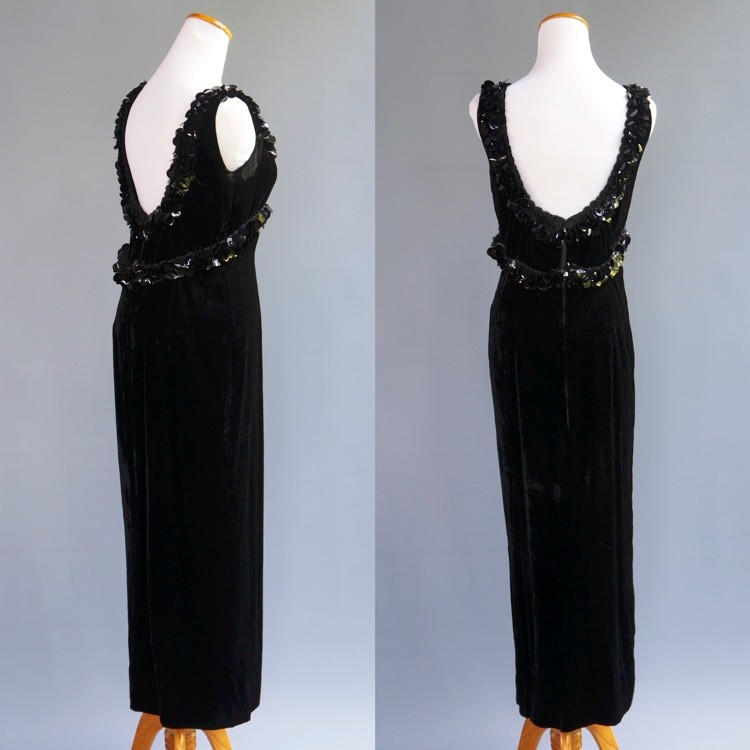 VTG 50s Black Silk Rayon Velvet 2p Set Dress Hand Quilted Pucker Opera Coat S