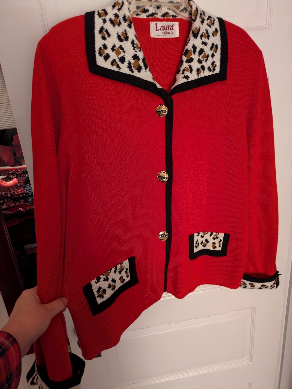 Laura By Alyzia Knit Cardigan/Jacket USA Red W/Leopard Collar/Trim LARGE(?)