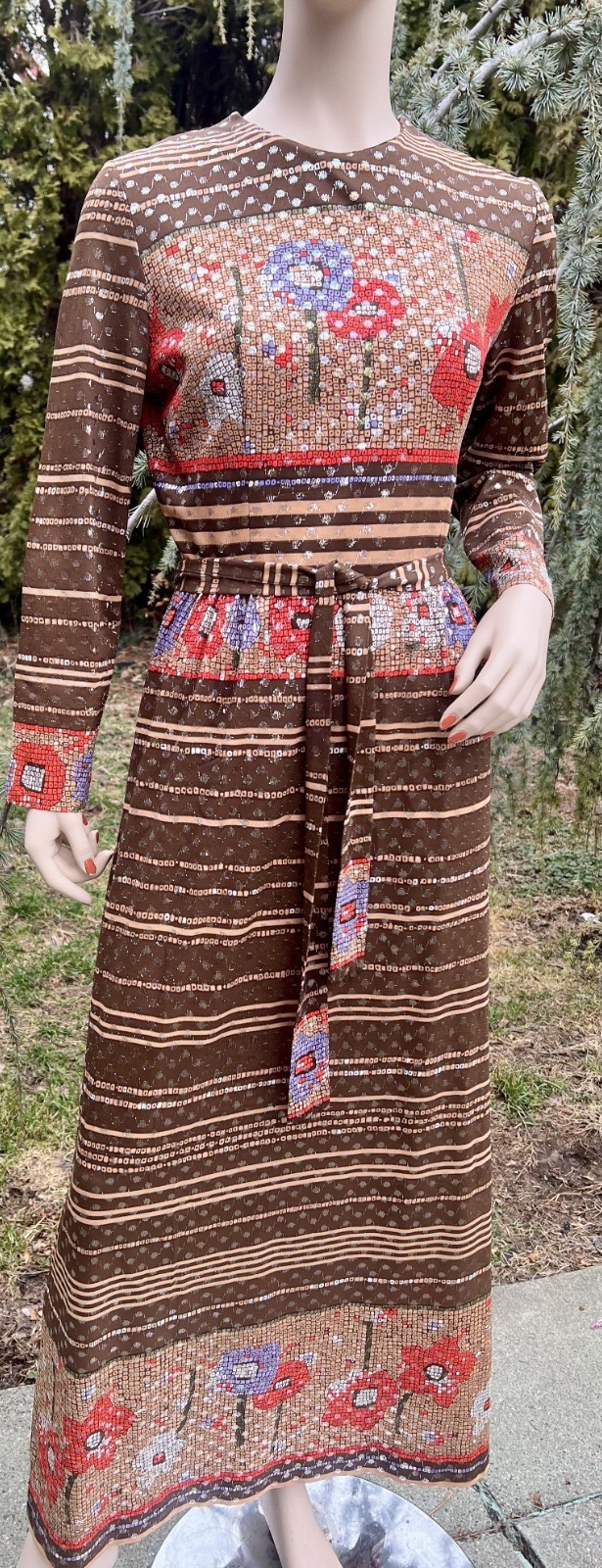 VINTAGE 1960’s PARKSHIRE ORIGINAL ABSTRACT OP ART METALLIC THREAD MAXI DRESS