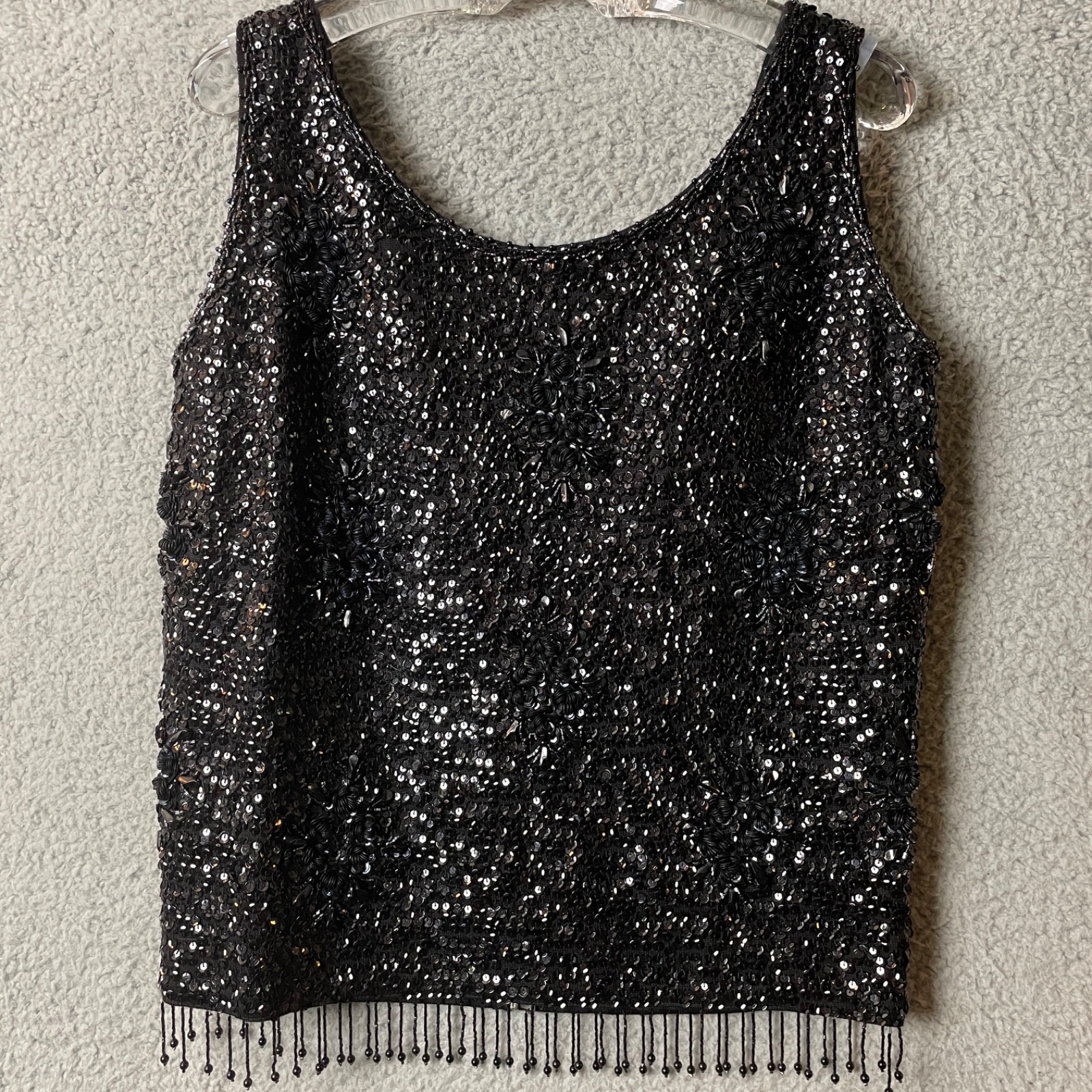 Vintage Black Sequin Beaded Fringe Tank Top Meduim Wool Evening Elegant 60s VTG