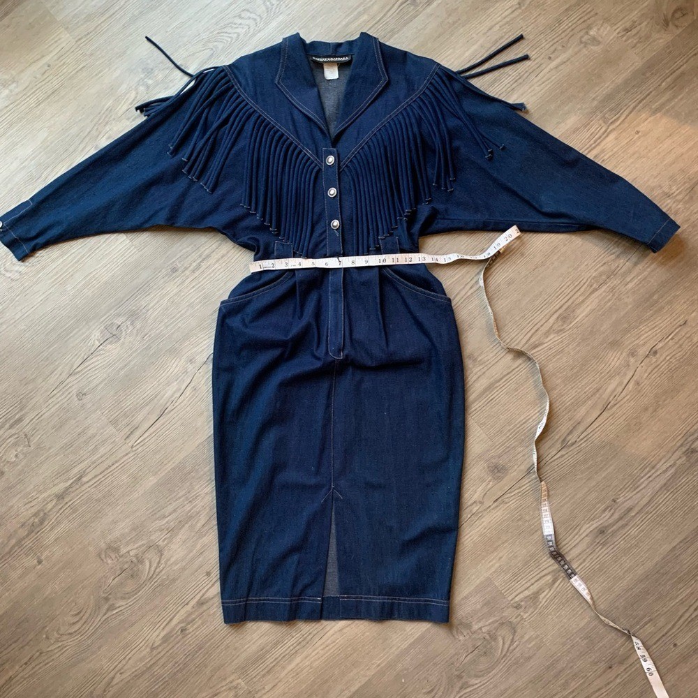 Vintage 80s Western Fringe Denim Dress Cowgirl Rodeo Festival USA Size 4