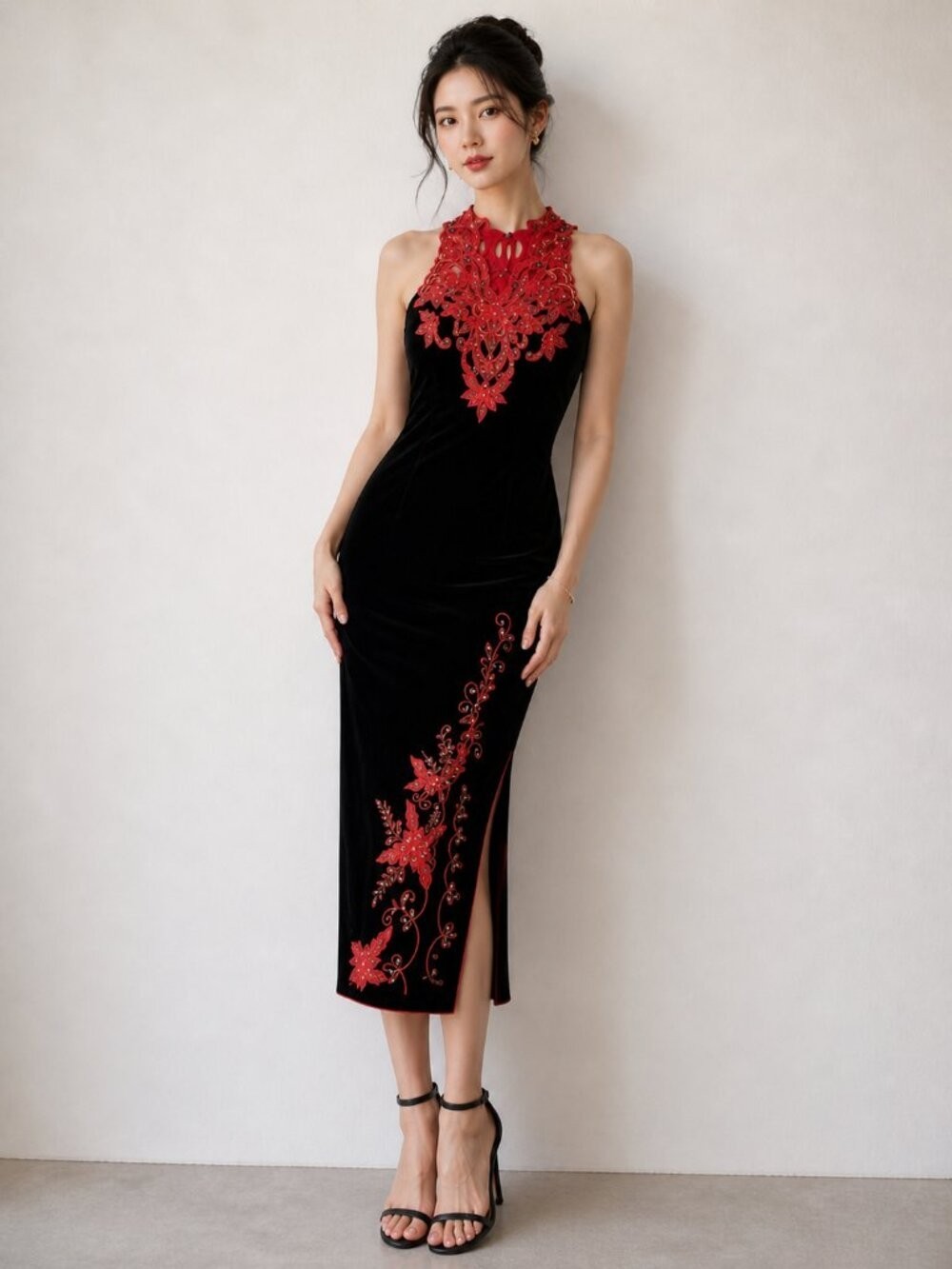 Vintage Cheongsam Qipao Dress Gown XS Black Velvet Red Long Maxi Slit