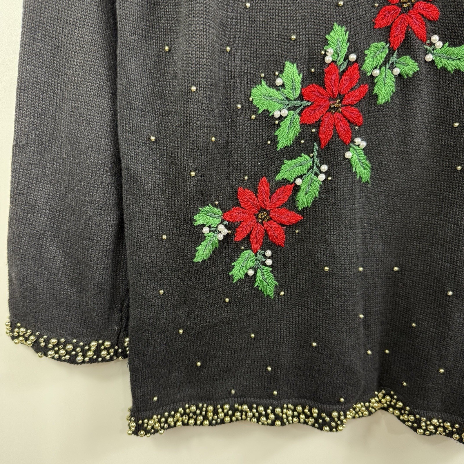 Vintage 90s Beaded Black Embroidered Poinsettia Sweater Large Holiday Christmas