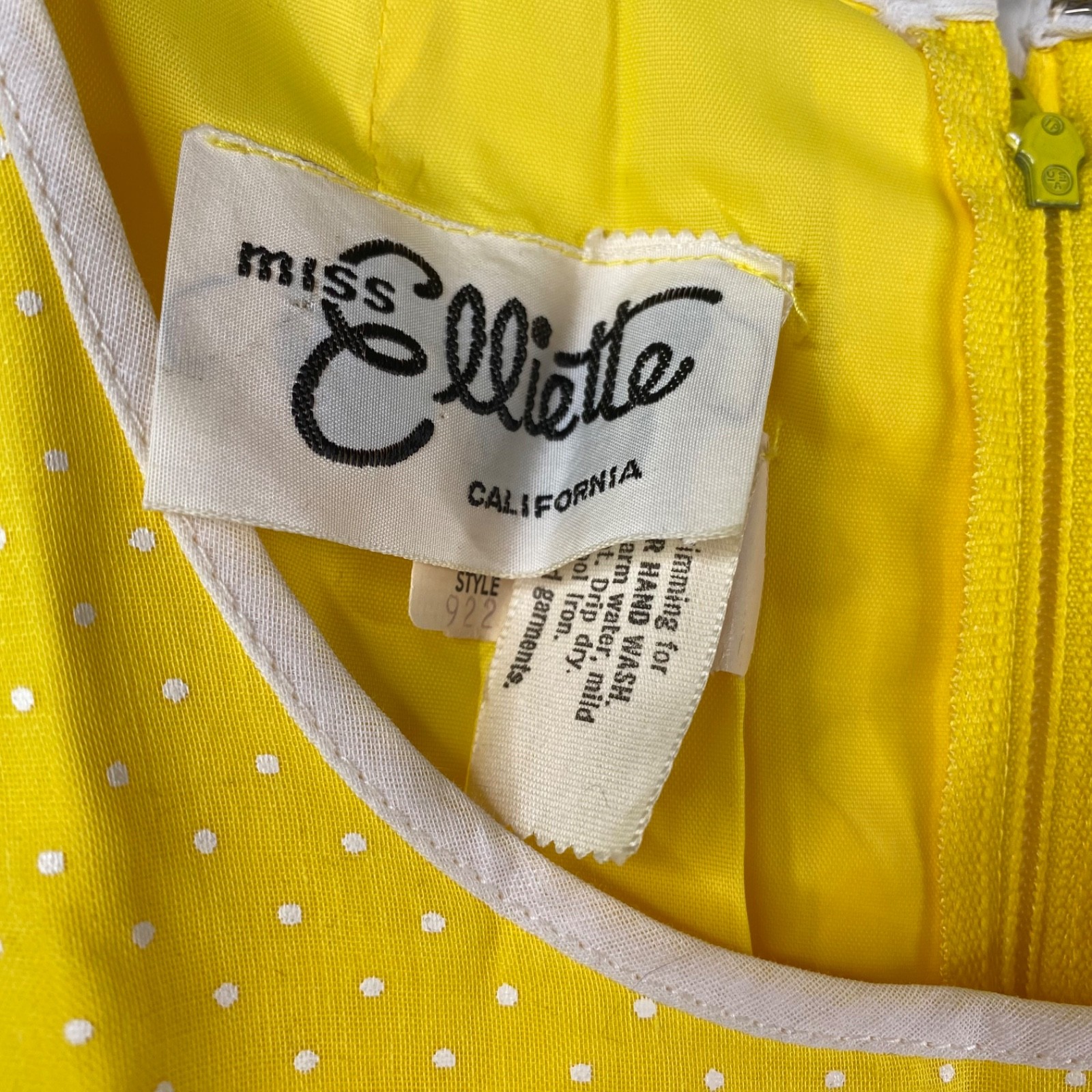 Vintage Miss Elliette Dress Sleeveless Maxi Micro Polka Dot Ruffle Hem Yellow 8