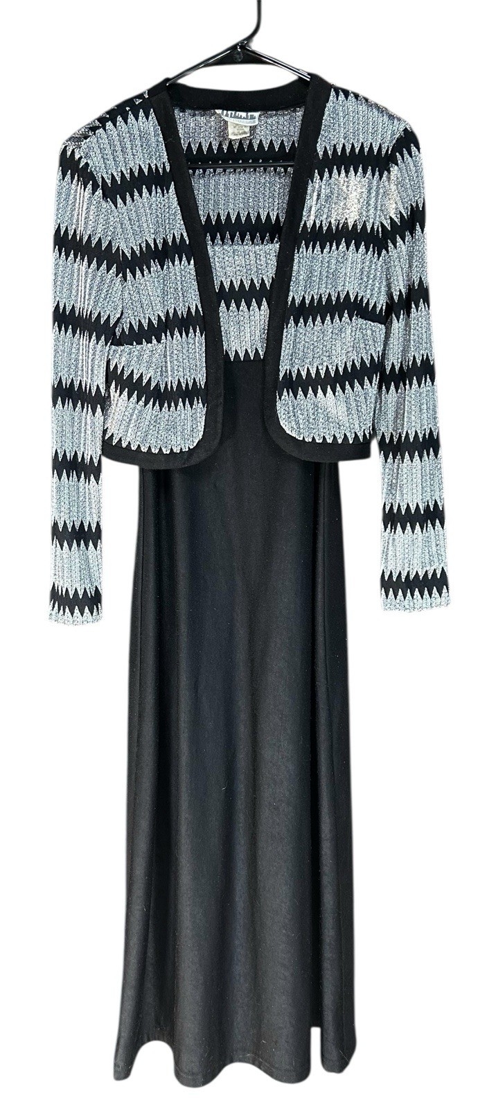 Vintage Citi Dress Maxi w/ Shrug Jacket Geo Metallic Black & Silver Size 8
