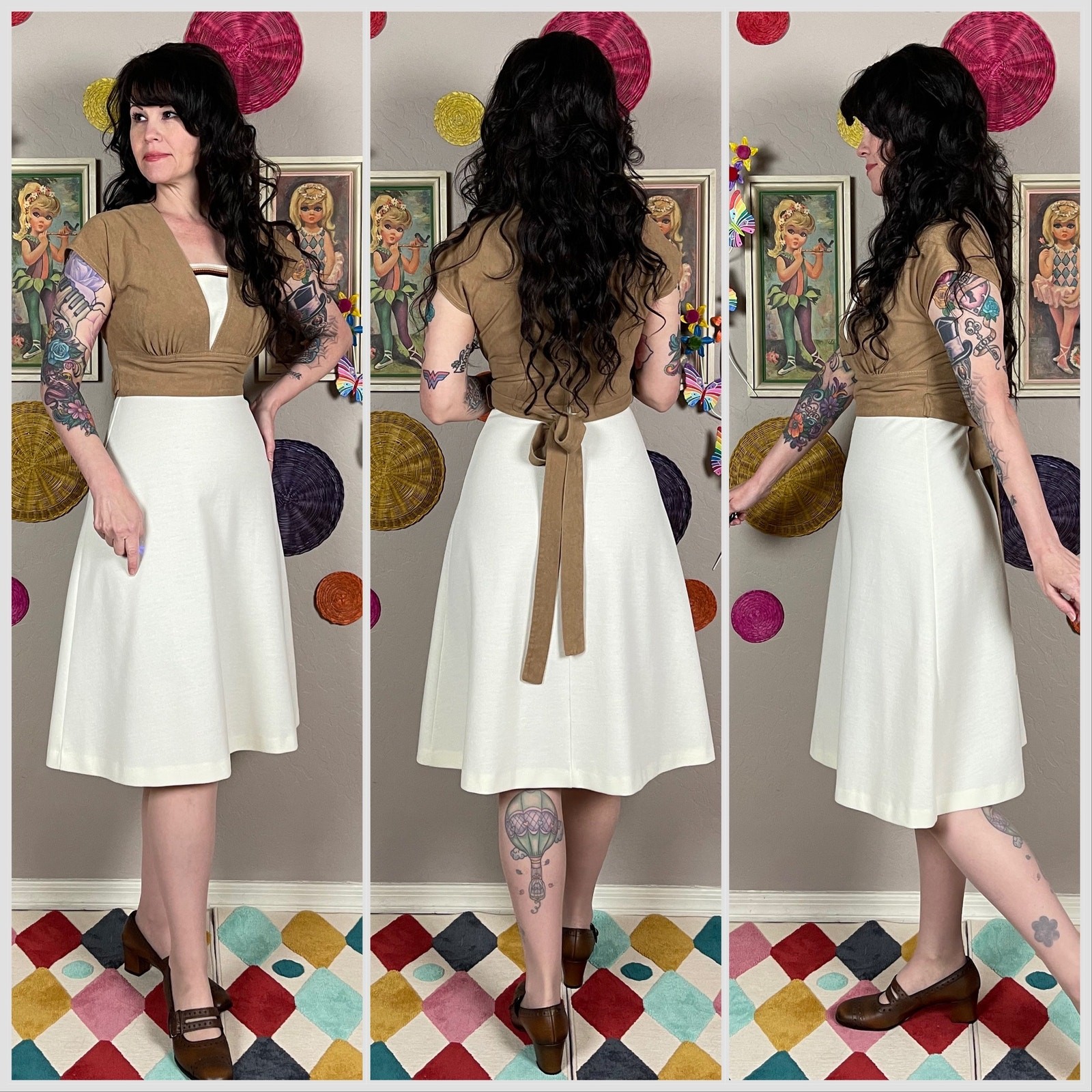 Vintage 1970s Tan Short Sleeve A-Line Dress – Extra Small | Small | 26″ Waist