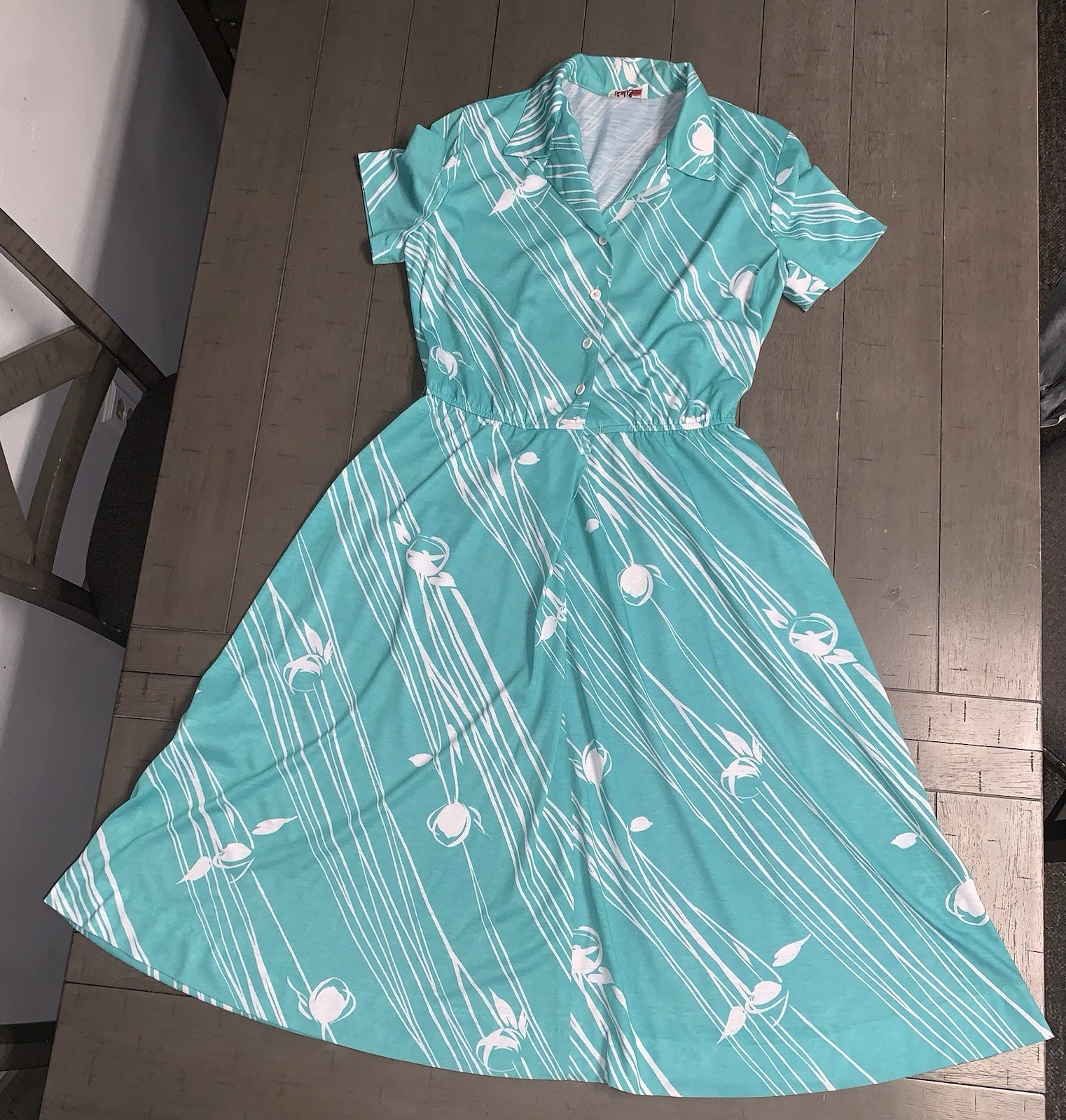 A7 VTG 80s R&K ORIGINALS TROPICAL FLORAL AQUA/WHITE SHIRT DRESS 7/8 ROCKABILLY