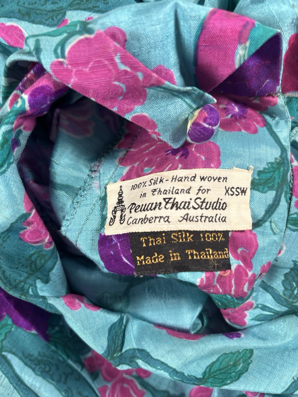 Vintage 100% Thai Silk Dress Bird Floral Print Peuan Thai Studio XS Hand Woven