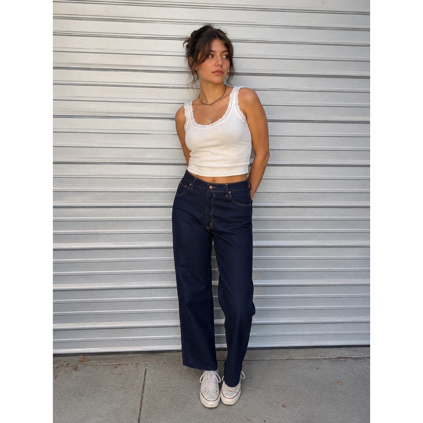 Vintage Dee Cee High Waisted Raw Hem Indigo Denim Jeans Made in USA Size 17/18