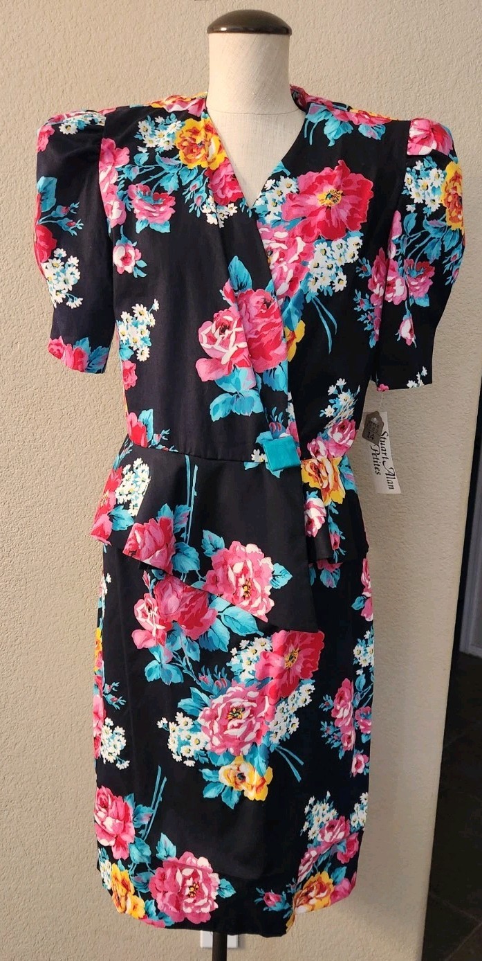 VTG 80s Stuart Alan Petites 2 Piece Dress Set Floral Peplum Top Size 14