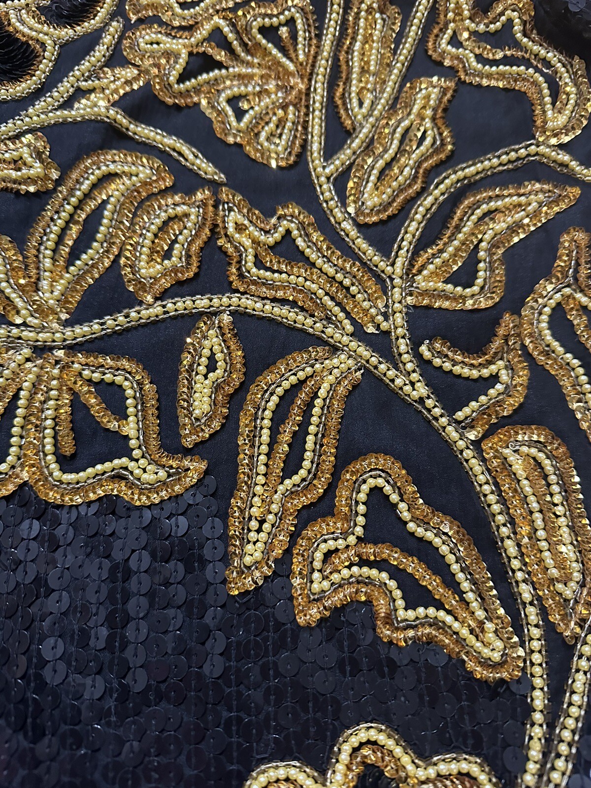 80s DEJAVU Silk Black And Gold Beaded Glam Sequin Top Woman Medium