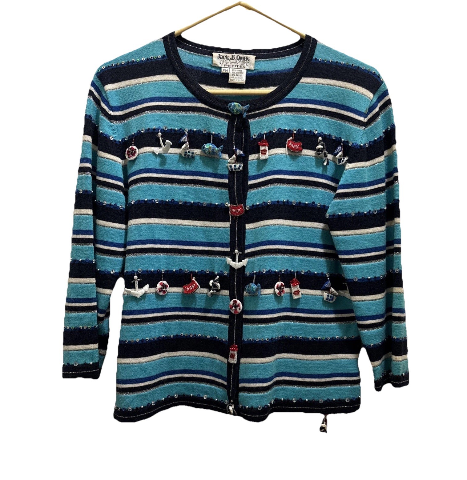 VTG Jack B Quick Cardigan Sweater Womens Petite Medium Turquoise Nautical Themed
