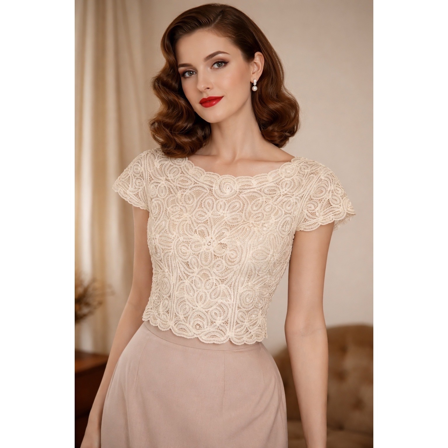 Vintage Cream Tape Lace Short Sleeve Blouse Scalloped Floral Sheer Top Handmade
