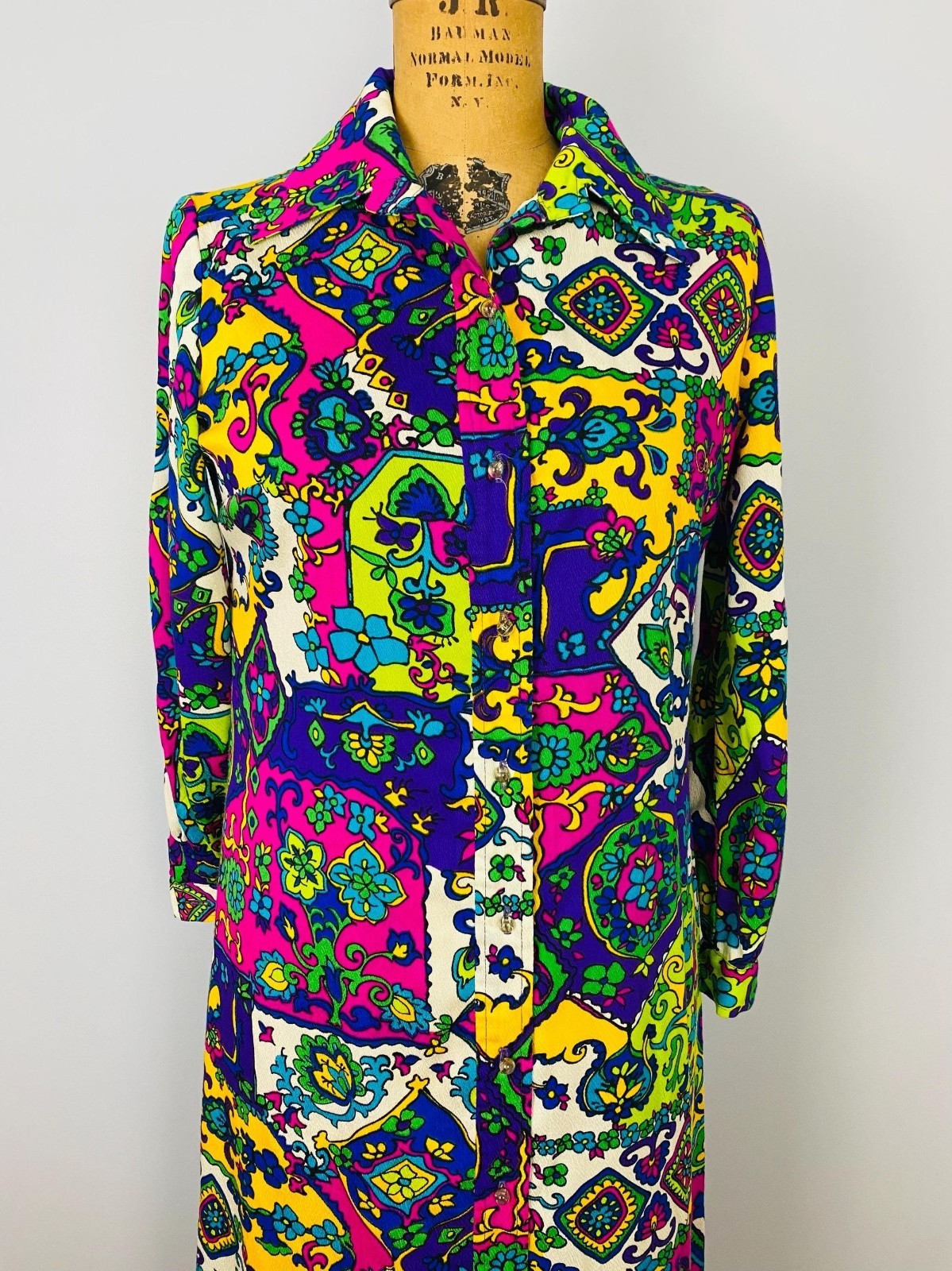 Vintage 1960s Prestige of Boston Colorful Maxi Dress, Size S/M, Button Front