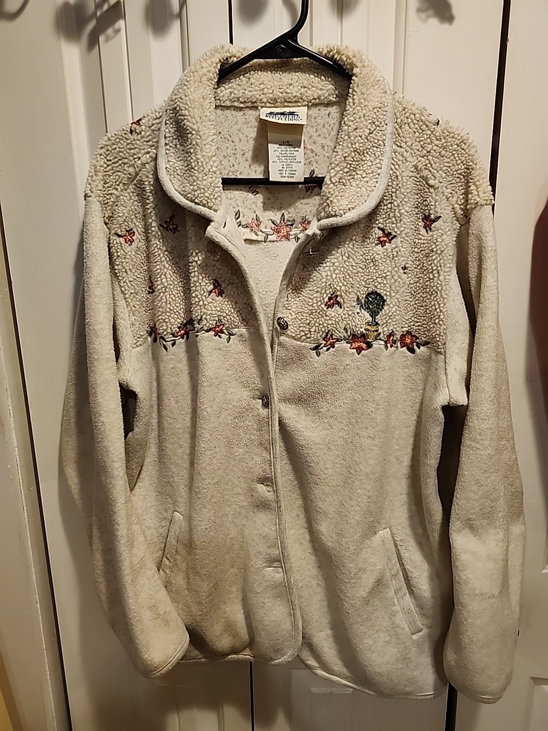 Northern Reflections Sz L Cream Gray Blend Fleece Embroidered Flowers Jacket