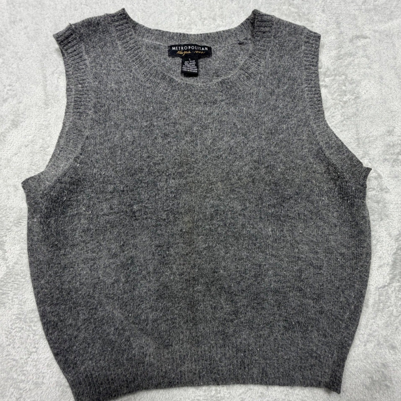 Vintage Metropolitan New York Gray Angora Knit Sweater Vest Size L 90s Preppy
