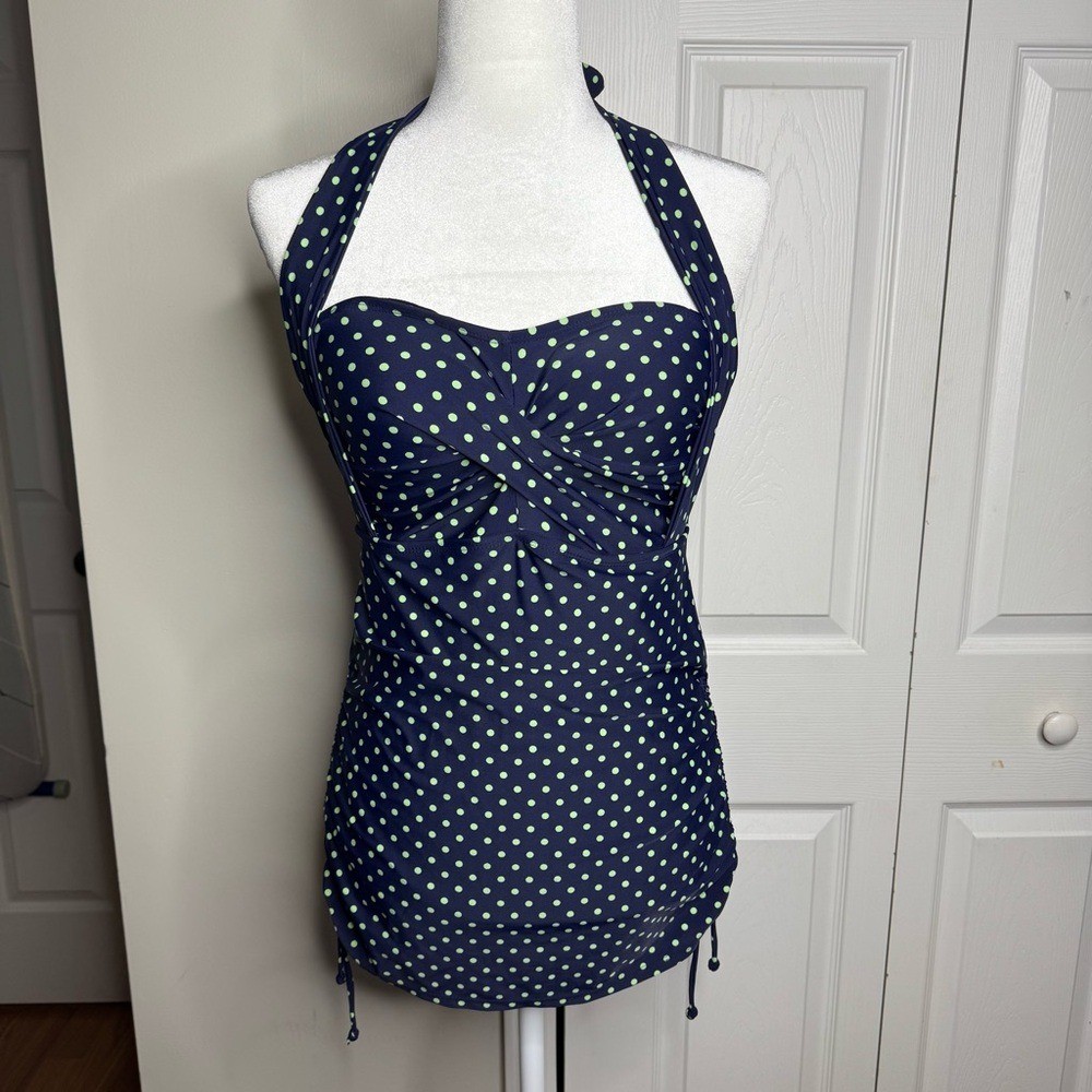 Swimsuits For All Retro Navy and Green Polka Dot One Piece Swimsuit Size 8