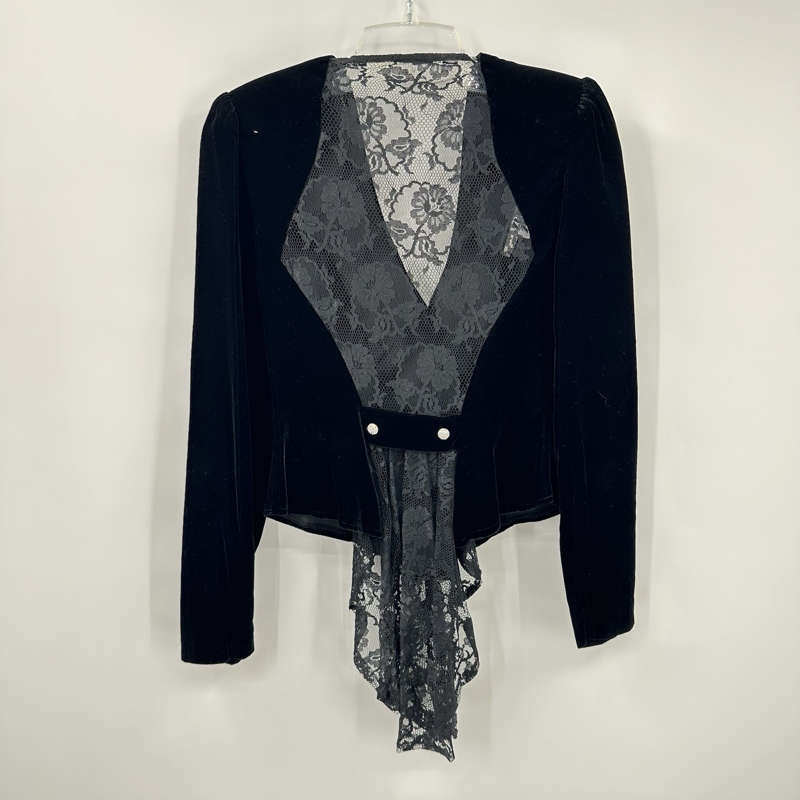 vintage 80s BLACK VELVET LACE TOP BLOUSE XS witchy victorian gothic romance