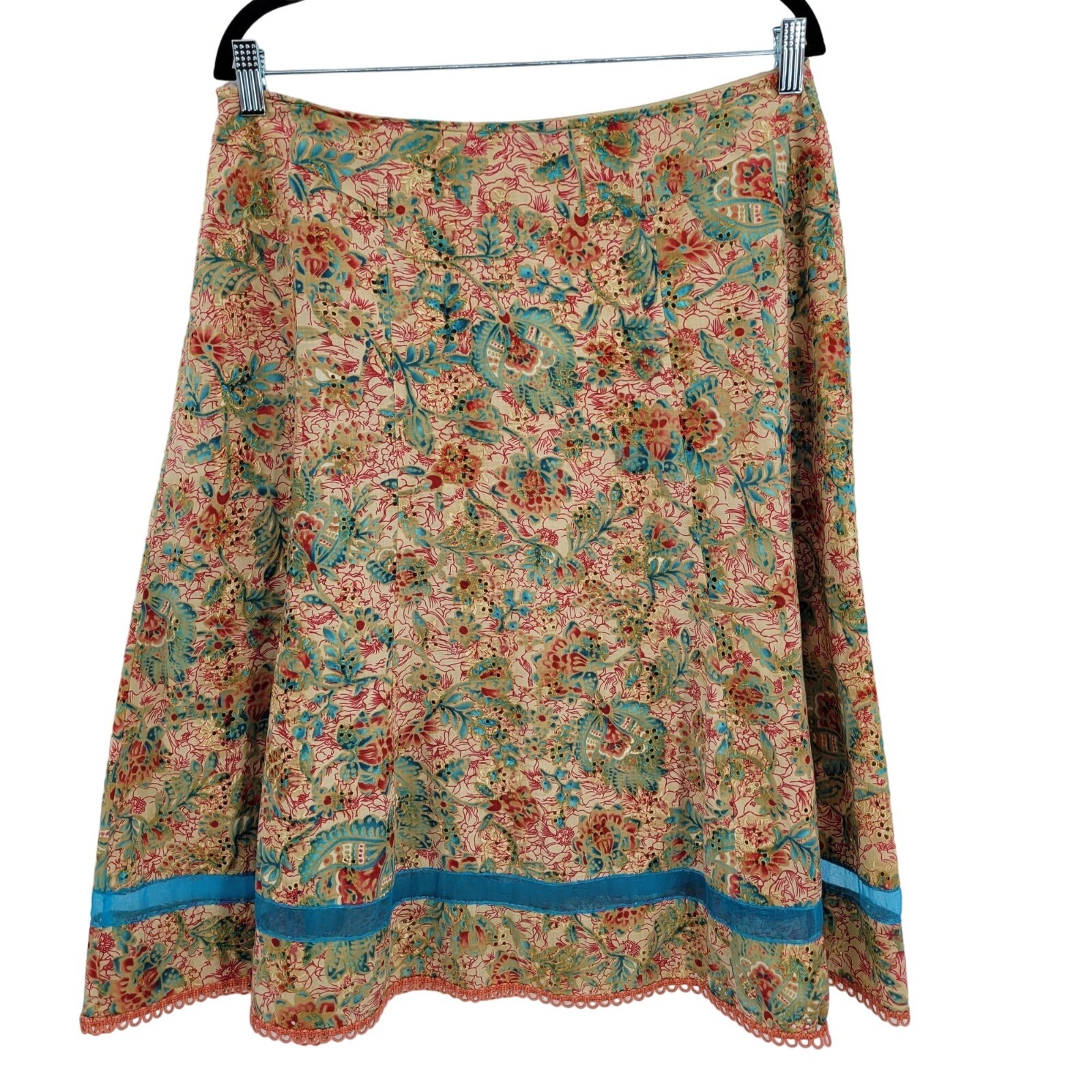 80’s Cynthia Steffe Skirt 12 Cotton Silk Eyelet Ribbon Floral Midi Tan USA Made
